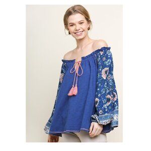 Umgee Blue Bohemian Floral Off Shoulder Top with Long Balloon Sleeves